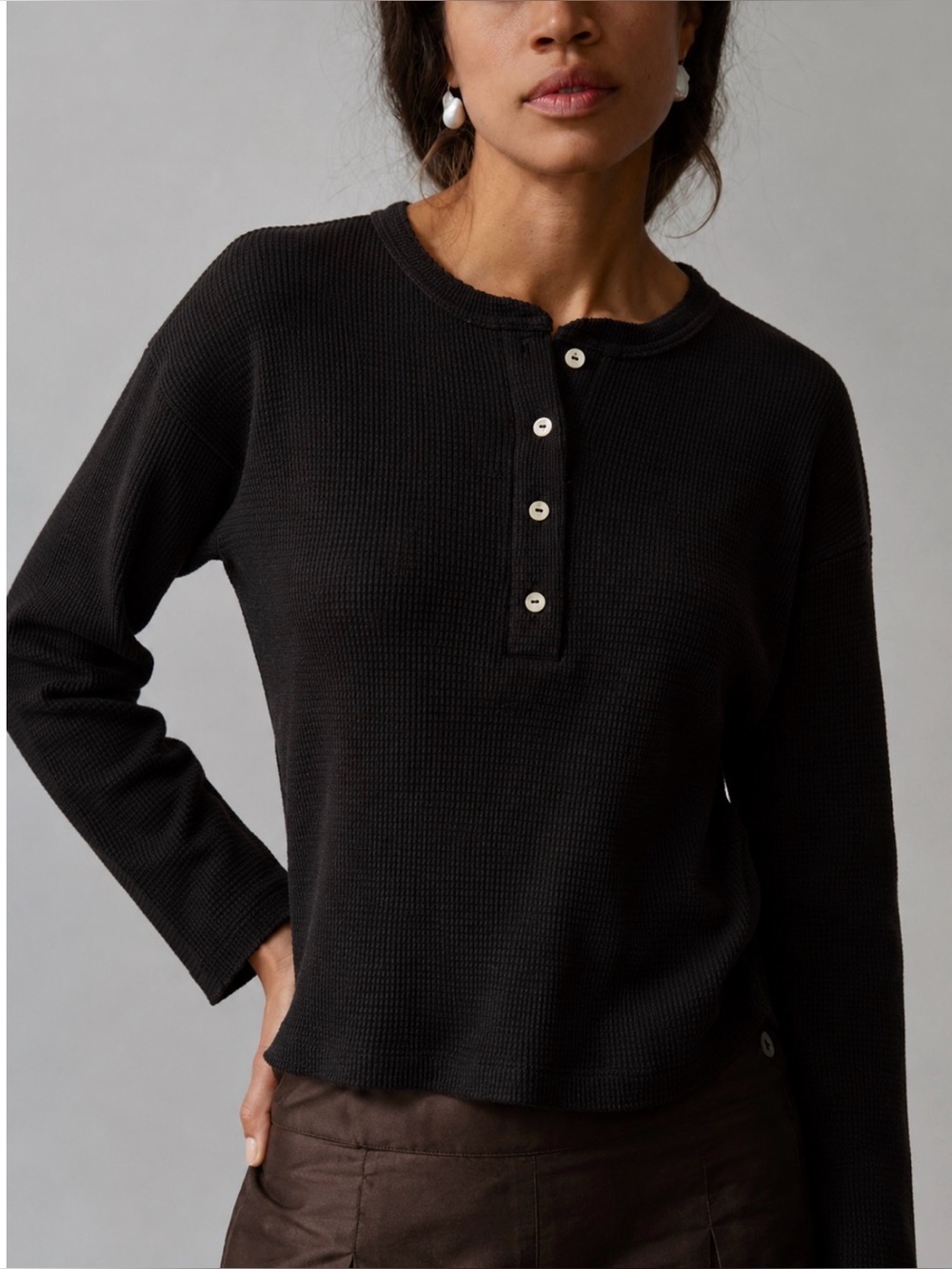 DONNI. Black Waffle Knit Henley Top